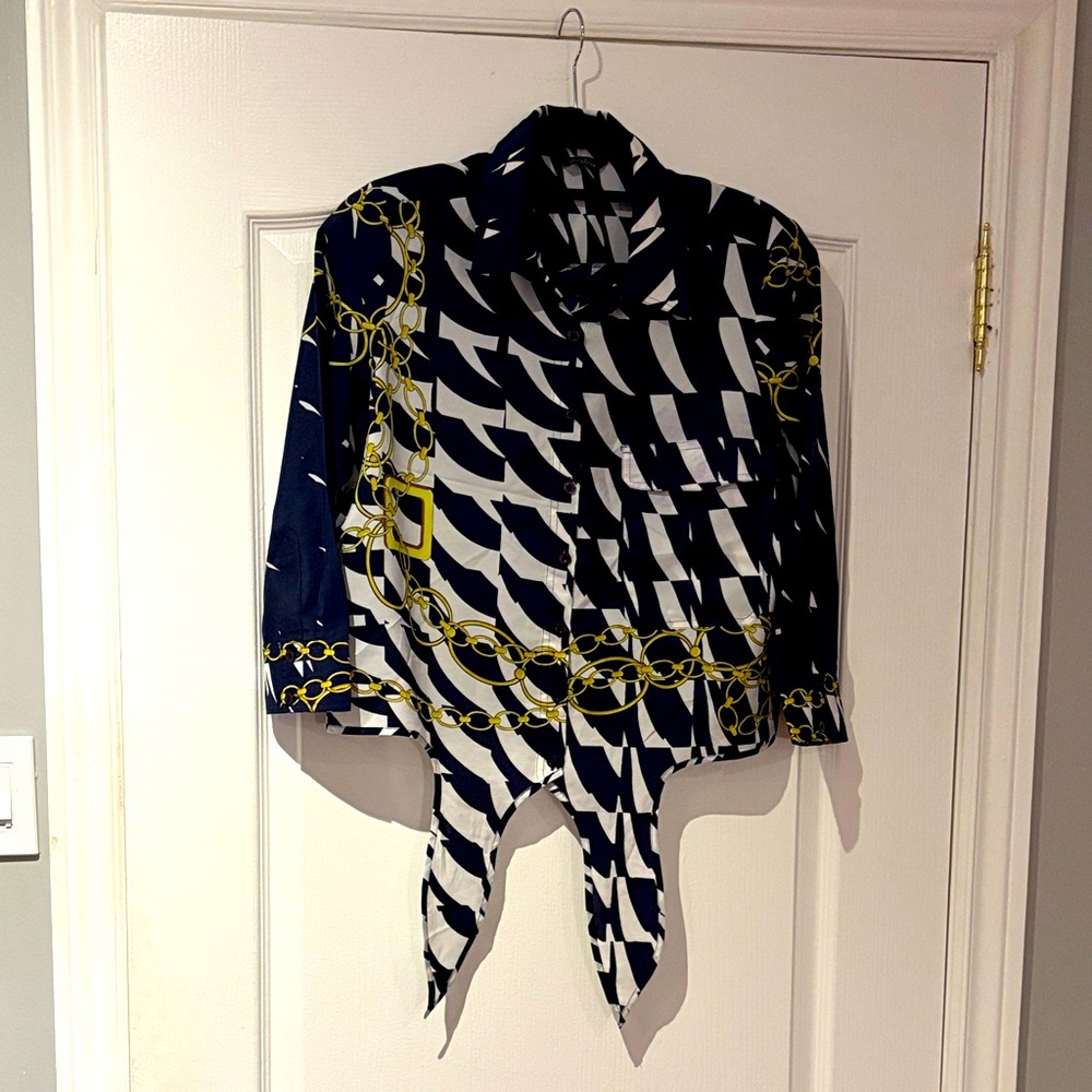 Guess by Marciano Navy and White Patterned Blouse